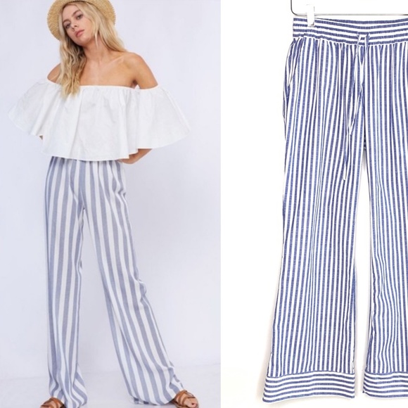 light blue and white striped pants